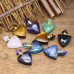 Natural Stone Triangle Crystal Faceted Essential Oil Bottle Pendant Obsidian Lapis Lazuli Aromatherapy Jewelry Necklace