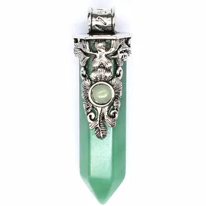 Detailed view of a vintage floral silver-capped green crystal hexagonal column pendant