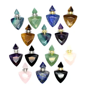 Collection of faceted triangular natural stone perfume bottle pendants in various colors