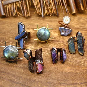 Vintage Natural Stone Open Ring Medieval Style Labradorite Amethyst Ruby Distressed Metal Adjustable Jewelry Ring For Women Men