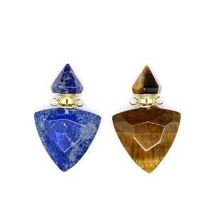 Detail view of triangular faceted lapis lazuli and tiger's eye oil bottle pendants