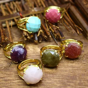Natürlicher Kristall Facettierter Einstellbarer Offener Ring Für Damen Herren Vergoldete Legierung Geometrischer Erdbeerquarz Amethyst Ring