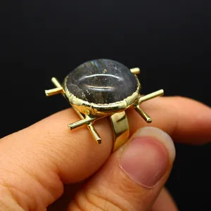 Macro detail of a vintage medieval style labradorite ring with gold sunburst claw setting