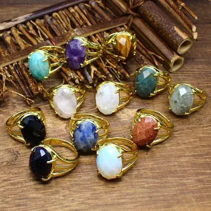 French Vintage Natural Stone Open Ring Oval Faceted Gemstone Adjustable Gold Plated Alloy Ring For Men Women Fashion Jewelry