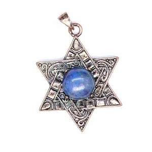 Pendentif étoile de David hexagramme en métal antique avec pierre de lapis-lazuli bleue