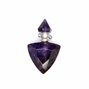 Faceted triangular amethyst essential oil bottle pendant with silver connector