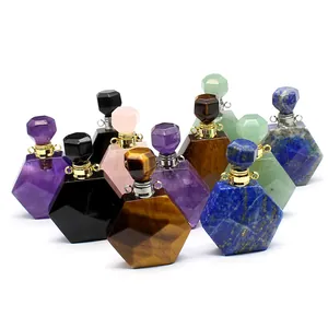Collier Pendentif Bouteille de Parfum Hexagone en Pierre Naturelle Cristal Améthyste Quartz Rose Diffuseur d'Huiles Essentielles Bijoux