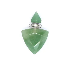 Macro view of green natural stone triangular essential oil bottle pendant with metal neck