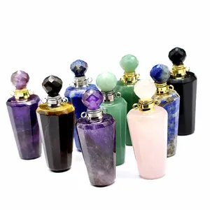 A group view of various natural stone perfume bottle pendants with metal rings
