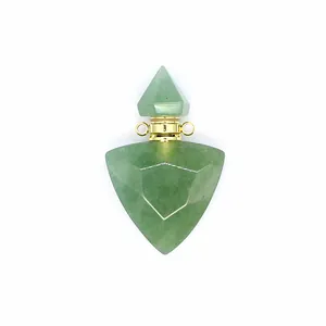 Detail shot of a triangular faceted green aventurine stone essential oil bottle pendant