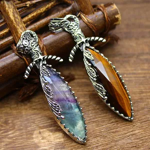 Vintage Natural Stone Sword Pendant Necklace For Men Gothic Electroplated Alloy Crystal Jewelry Neckpiece Gift aljylp1963