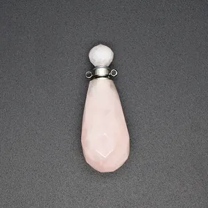 Colgante frasco de perfume facetado de cuarzo rosa en forma de gota para aceites
