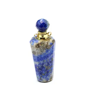 Detail of lapis lazuli natural stone perfume bottle pendant with gold-tone hardware