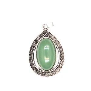 Detail view showing a green oval crystal stone teardrop pendant with patterned silver frame