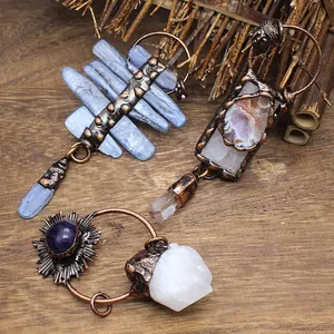 Detailed view of vintage natural stone pendants featuring raw crystal and amethyst
