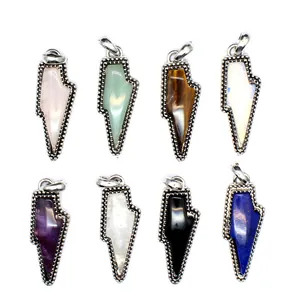 Detailed view of eight lightning bolt pendants featuring varied natural gemstones