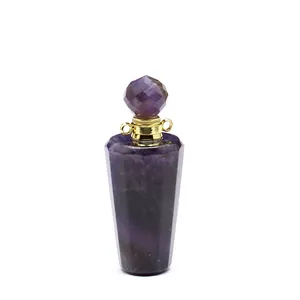 Macro view of natural amethyst stone aromatherapy perfume bottle pendant with gold neck