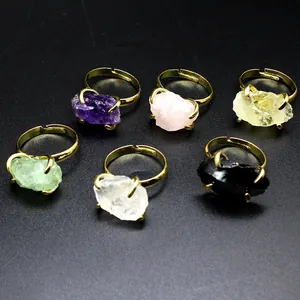 Natural Crystal Raw Stone Open Ring For Women Gold Plated Alloy Claw Setting Adjustable Amethyst Rose Quartz Fluorite Ring Finger Jewelry