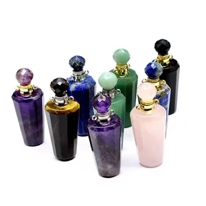 Natural stone perfume bottle pendants in various crystals like rose quartz and amethyst