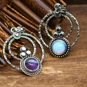 Vintage Naturstein Runder Anhänger Antik Silber Böhmisch Herz Doppelring Anhänger Schmuck Für Damen Herren