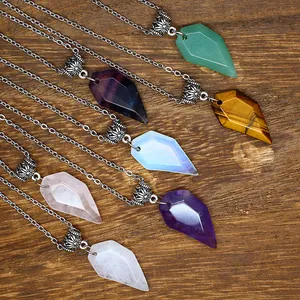 Natural Stone Faceted Wolf Tooth Pendant Necklace Geometric Crystal Amethyst Rose Quartz Tiger Eye Couple Fashion Jewelry