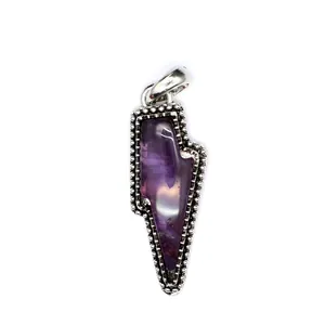 Detailed view of a vintage lightning bolt shaped purple natural stone pendant necklace.