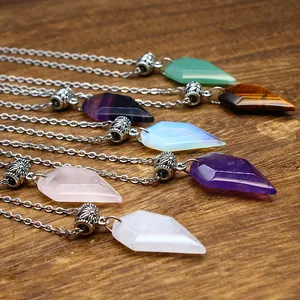 Detail view of multi-color natural stone faceted wolf tooth pendant necklaces