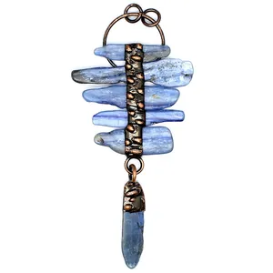 Vintage style raw blue kyanite crystal stone pendant with hammered copper band detail