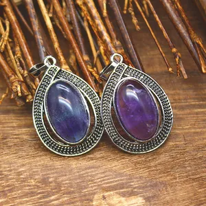 Vintage Crystal Teardrop Pendant Alloy Antique Silver Textured Oval Gemstone Pendant For Women DIY Jewelry Making Accessories
