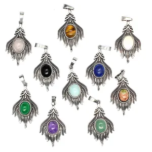 Vintage natural stone pendants collection in antique silver fox tail design, multiple colors