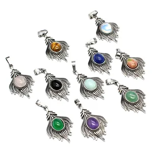Vintage peacock tail crystal pendants set featuring diverse natural semi-precious stones.