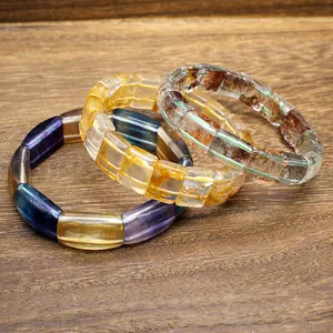 Natural Stone Crystal Bracelet Green Phantom Yellow Hematoid Rainbow Fluorite Geometric Hand Plate Jewelry For Men Women