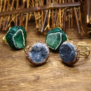Vintage Boho Natural Stone Druzy Agate Adjustable Ring For Women Large Geode Crystal Rhinestone Gold Plated Open Finger Ring
