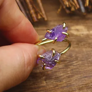 Natural Stone Raw Crystal Adjustable Ring Simple Iron Gold Plated Open Ring For Women Men Amethyst Rose Quartz Citrine Jewelry