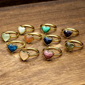 Natural Stone Heart Faceted Ring Light Luxury Adjustable Open Finger Ring Gold Plated Jewelry Apatite Rose Quartz Women