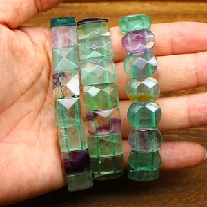 Detailed view of faceted natural rainbow fluorite beads in green and purple shades