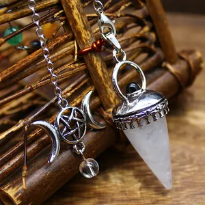 Colgante de Péndulo de Cristal de Piedra Natural Estrella Luna Pentagrama Cuentas de Chakra Aleación Joyería de Adivinación