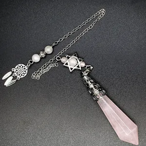 Rose quartz hexagonal crystal pendulum with hexagram and dreamcatcher charms.