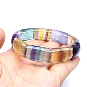 Macro detail showing natural multi-color fluorite crystal bracelet beads on hand