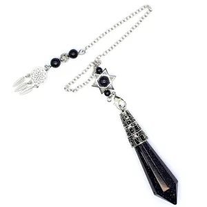 Blue goldstone crystal hexagonal pendulum with Star of David and dreamcatcher charms.