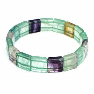 Close-up detail showing the square natural colorful fluorite beads on this stretch bracelet