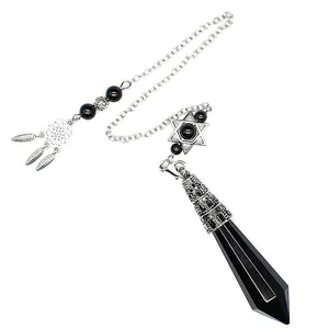Macro view of obsidian hexagonal pendulum pendant with dreamcatcher and star charms