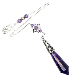 Detailed view of the amethyst crystal pendulum pendant with intricate silver metalwork