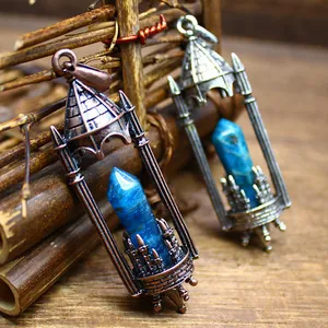 Vintage Medieval Castle Pendant Necklace Natural Stone Hexagonal Pillar Alloy Jewelry For Women Men Gothic Retro Accessory