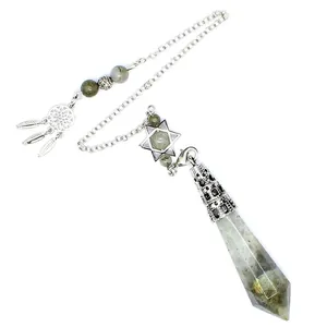 Macro view of a labradorite crystal dowsing pendulum with a hexagram and dreamcatcher charm