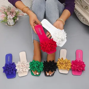 Women Summer Square Toe Flat Slides Large Floral Decor Beach Sandals Fashion Casual Slippers With 3D Fabric Flower
