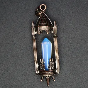 Detailed view of vintage medieval castle pendant with hexagonal blue opalite crystal pillar