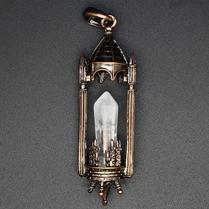 Detailed view of gothic vintage castle pendant with hexagonal crystal point center