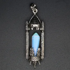 Macro view of a medieval vintage castle pendant with a blue hexagonal crystal pillar