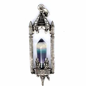 Detailed view of a vintage medieval castle pendant with a natural hexagonal crystal pillar